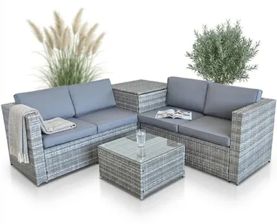 Image de XXL PolyRattan Salon + Coffre de rangement Canapé de jardin Ensemble de jardin gris