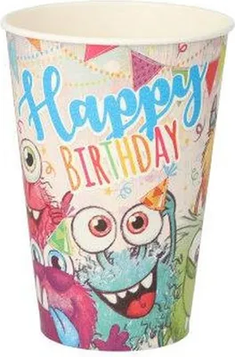 Productafbeelding van Beker, karton, 0,2 liter, diameter 7 cm, hoogte 9,7 cm, kleurrijk, motief: "Grappige monsters"