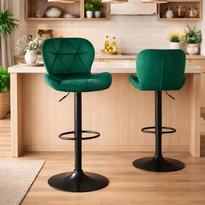 Produktbild von HAGO24 2er Set Barhocker Samt Grün Höhenverstellbar 59-79cm Drehbar 360° Barstuhl Bistrohocker Rückenlehne Fußstütze Metallgestell Schwarz 120kg