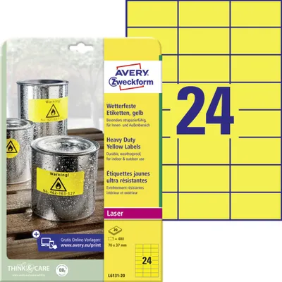 Produktbild von Avery Zweckform L6131-20 Wetterfeste Folien-Etiketten, 70 x 37 mm, 20 Blatt/480 Etiketten, gelb