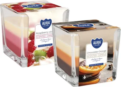 Zdjęcie produktu dla ZESTAW Świeca zapachowa w szkle trójkolorowa BISPOL Aura 32H MIX "9" 2szt.