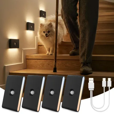 Image de Lampe de chevet avec détecteur de mouvement et capteur de luminosité, lampe LED rechargeable, lot de 4