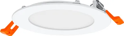 A close-up, studio shot of a white LED downlight with orange clips.