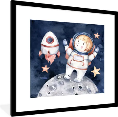 Produktbild von MuchoWow® Gerahmtes Poster Weltraum - Rakete - Mond - Jungen - Mädchen - Kinder 40x40 cm - Poster mit Schwarzem Bilderrahmen Wandposter Rahmen Foto Bilder - Poster - Plakat im Rahmen