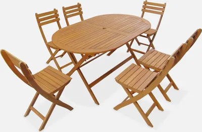 Immagine prodotto di Set tavolo da giardino ovale in legno con 6 sedie, Marrone naturale