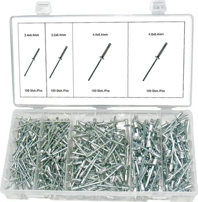Produktbild von Blindnieten-Sortiment / Popnieten Satz Aluminium Stahl 2,4 mm - 4,8 mm, 400-tlg.