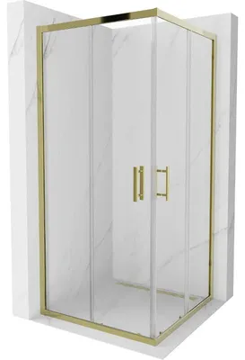Zdjęcie produktu dla Mexen Rio, kwadratowa kabina prysznicowa z drzwiami przesuwnymi 90(drzwi) x 90(drzwi) x 190 cm, szkło przezroczyste 6 mm, profil złoty, 860-090-090-50-00