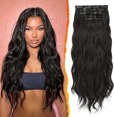Image de Clip in Extensions de cheveux Extensions longues ondulées - 5 PCS, postiche synthétique épais - 45 cm, brun