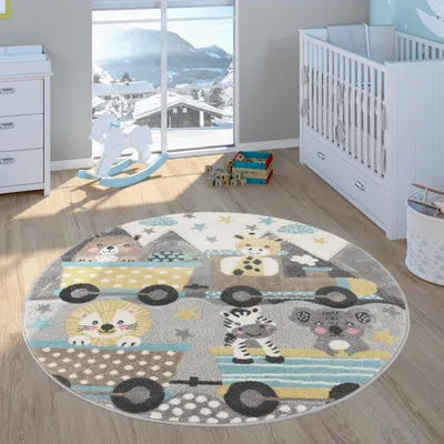 Immagine prodotto di Tappeto per bambini Tappeto per cameretta Tappeto da gioco Effetto 3D Motivo animale Grigio Giallo Dimensioni 120 cm Rotondo