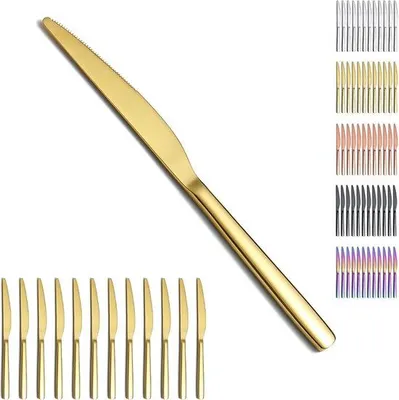 Image de Sets de couteaux dorés, lot de 12, revêtement en titane, dorés, en acier inoxydable, couteaux de table, set de couverts, lavables au lave-vaisselle