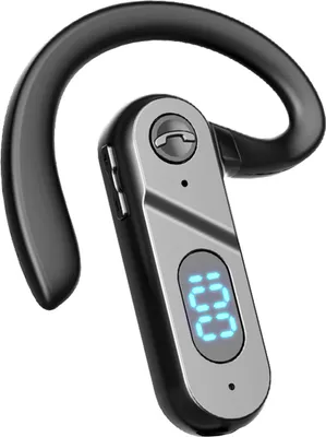 A close-up studio shot of a black and silver Bluetooth headset with a digital display.