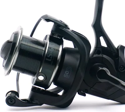 Close-up of a black fishing reel.