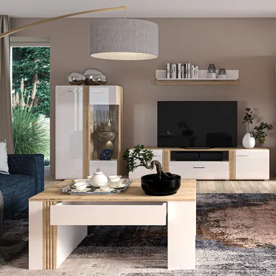 Produktbild von Wohnwand Set modern in Eiche Nb. AKRON-131 mit Fronten in Hochglanz weiß 4-teilig inkl. Couchtisch
