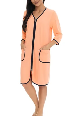 Produktbild von Aquarti Damen Bademantel Morgenmantel mit Reißverschluss Hausmantel Leicht 3/4 Ärmel, Farbe: Apricot, Größe: 5XL