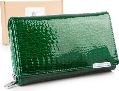 Obrázek produktu pro Jennifer Jones Dámská lakovaná velká kožená peněženka Croco s ochranou karet RFID zelená