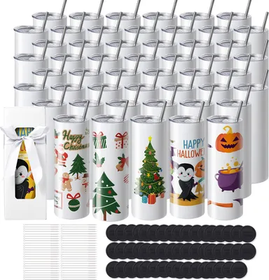 Imagen del producto de Paquete de 50 tazas lisas para sublimación, de 591,5 ml. Tazas de acero inoxidable de doble pared con pajita, tapa, cepillo, base, film termorretráctil y caja de regalo, ideales para máquinas de calor y transferencia térmica