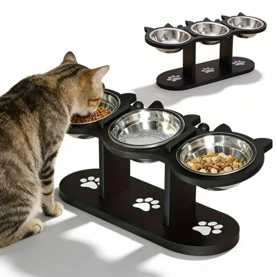 Produktbild von Katzennapf Erhöht, Erhöhter Futternapf Mit 3 Edelstahl Schüsseln&Holzständer, Futterstation Katzen, 15° Neigbar, 3-In-1 Holz Katzenfressnapf, Verstellbarer Erhöht Futterstation Für Katzen Kleine Hunde