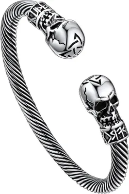 Productafbeelding van Herrencharmbracelet met Noors wolf-/drakenhoofd, antiek design, roestvrij staal met zwarte gouden coating, inclusief cadeauverpakking.