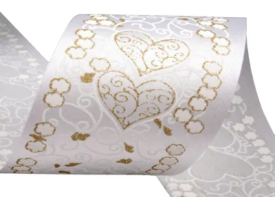 Produktbild von Satinband 80mm x 10m, f. Hochzeitsdekorationen, weiß m. Goldglitter