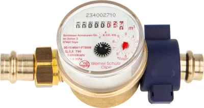 Produktbild von Einstrahlzähler ETK Kombi-Set (Warmwasser) bis 90 Grad Länge 80 mm, inkl. Verschraubung mit Pressanschluss 15 mm, Plombierschelle