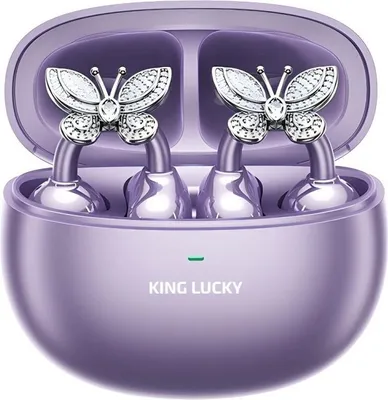 A pair of purple wireless earbuds with butterfly-shaped decorations inside their charging case.
