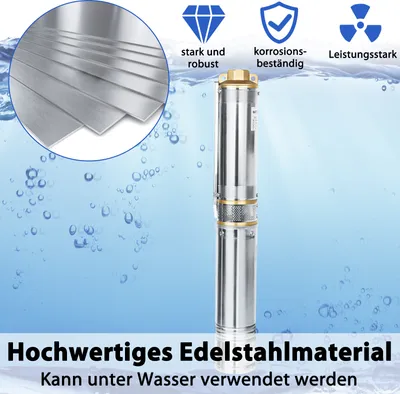 A submersible pump is shown against a blue background with water bubbles, accompanied by icons and text highlighting its features.