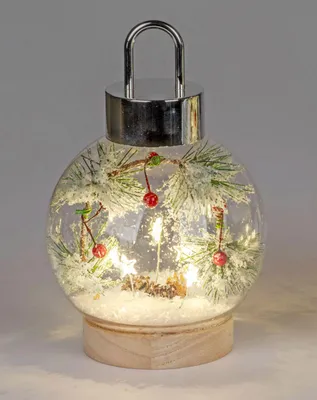 Produktbild von formano LED Glaskugel Tannenzweige 18 cm Holzsockel Timer Weihnachtsdeko