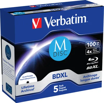 Produktbild von M-DISC Verbatim BD-R 4X 100 GB INKJET PRINTABLE, 5er Pack