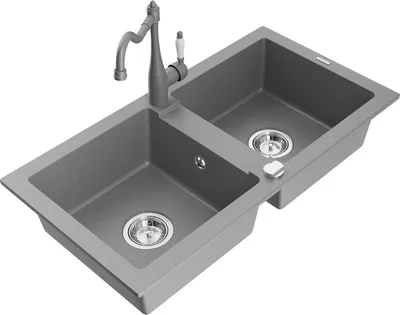 Produktbild von Mexen Mario 2-Becken-Granitspüle mit Mischbatterie Carla, Grau - 6504-71-670700-71