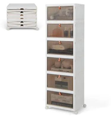Produktbild von KOMFOTTEU Aufbewahrungsbox mit Deckel, Stapelbare Ordnungsbox mit Türen, Transparent Klappbox mit Rollen, Schuhboxen Ordnungsboxen für Wohnzimmer & Schlafzimmer (6 Ebenen)