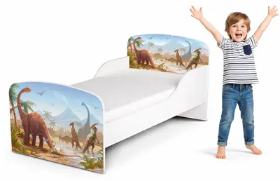 Produktbild von Bayagu Weißes Kinderbett 140x70cm aus Holz mit Schaumstoffmatratze Dino