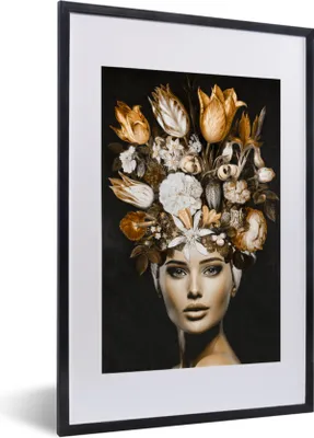 Produktbild von MuchoWow® MuchoWow® Gerahmtes Poster Frau - Blumen - Gold 40x60 cm - Poster mit zchwarzem Bilderrahmen - Poster in Rahmen