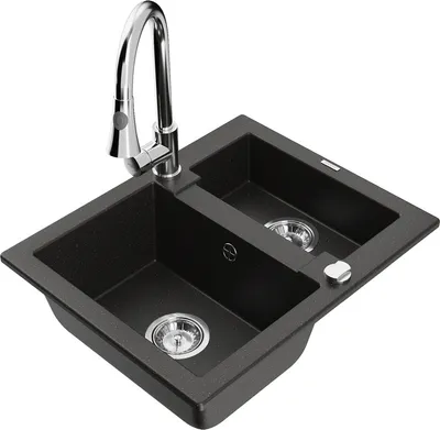 Produktbild von Mexen Carlos 1,5-Becken-Granitspüle mit Mischbatterie Elia, Schwarz/Gold metallisch - 6518-75-670101-00