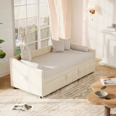 Obrázek produktu pro Čalouněná postel – denní postel/rozkládací pohovka – rozkládací – 90 x 200 cm – s roštem – s úložným prostorem – dřevěný rám – šedá