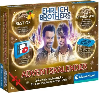 The image shows the front of a Clementoni Ehrlich Brothers Advent Calendar.