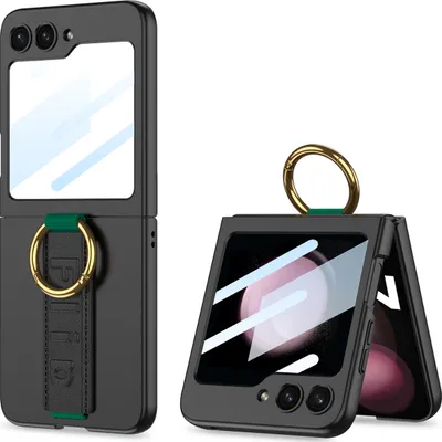 Image de Étui pour Samsung Galaxy Z Flip 5 Étui en PC rigide avec protection de l'écran, sangle et support d'anneau noir