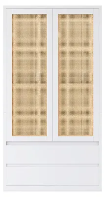 Productafbeelding van Kledingkast van riet - Draaiduurskast - Afmetingen 90 x 50 x 170 cm - Twee deuren - Twee grote lades - Veel opbergruimte voor kleding - Wit