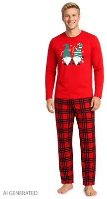 Produktbild von Weihnachtswichtel XMAS Schlafanzug für Herren - Christmas Winter Pyjama Set Weihnachten Langarm Oberteil mit Hose Rot/Schwarz L