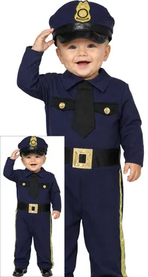 Produktbild von Polizist Karneval Kostüm Baby Overall Blau Gelb Hut Liebevolles Design Karneval Festlich Spaß Klein Schutz Märchenfigur Abenteuer, Größe: 92/98 Farbe: Blau