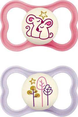 Produktbild von MAM Air Night S241 Schnuller mit extra großen Löchern für empfindliche Haut, ultra-weicher Silikonsauger, für Babys von 6 + Monaten, mit automatischer Sterilisierungsbox, Rosa, 2 Stück Rosa 6+ meses