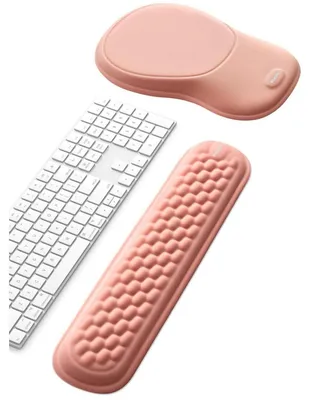 Image de Ensemble de repose-poignet pour clavier et souris, rose, en mousse à mémoire de forme, antidérapant, dimensions : 449x85x25 mm et 285x210x29 mm