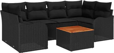 Image de Ensemble de salon de jardin modulaire 7 pièces, poly rotin noir, cadre acier, résistant aux UV, avec fonction de rangement intégrée