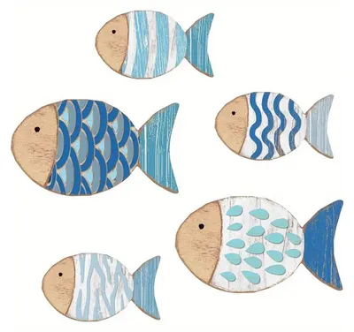 Produktbild von 5-teiliges Set Wanddekoration aus Holz: Fischschwarm, Strand, See, Haus, Badezimmer, Wanddeko, nautisches Küsten-/Ozean-Thema, Hängeornament