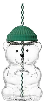 Produktbild von Bärenförmiger Trinkbecher mit Strohhalmdeckel, 500 ml, hitzebeständiges Glas, wiederverwendbarer Kaltgetränkebecher für Eiskaffee, Milchtee und Saft