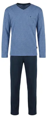 Produktbild von hajo Herren Schlafanzug lang - Klima-Light, lang, V-Neck, gemustert, Baumwollmix Dunkelblau M