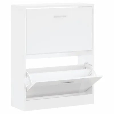 A white shoe cabinet with two compartments.