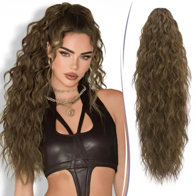 Immagine prodotto di Estensione per capelli a forma di coda di cavallo, con clip, 76 cm, ondulata, riccia, in fibra sintetica, color verde muschio