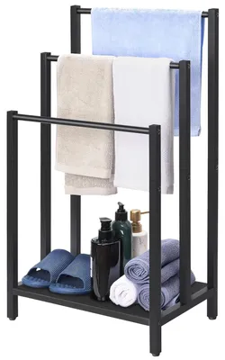 Image de Porte-serviettes sur pied, porte-serviettes de bain avec 3 barres, porte-serviettes sur pied, noir