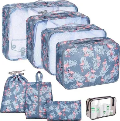 Produktbild von Famanu Reisegepäck Organizer 8-teilig Hohe Kapazität - Packwürfel Leichte Reisebeutel für Kleidung Unterwäsche Schuhe - Flamingo Grau