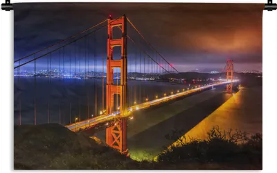 Produktbild von MuchoWow® Wandteppich Wandbehang Die Golden Gate Bridge bei Nacht beleuchtet 90x60 cm Tapisserie Dekoration Wandtuch - Wandskulpturen - Bildteppich